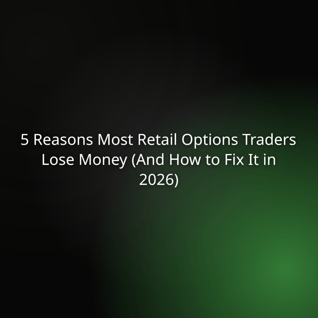 Article title: '5 Reasons Most Retail Options Traders Lose Money (And How to Fix It in 2026)' on a dark green gradient background, no images described.