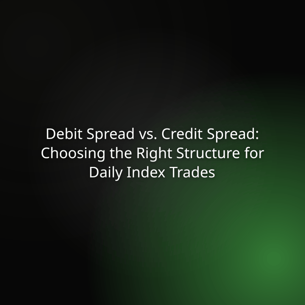 Slide title: Debit Spread vs. Credit Spread — Choosing the Right Structure for Daily Index Trades — dark gradient background with green highlight on the right edge.