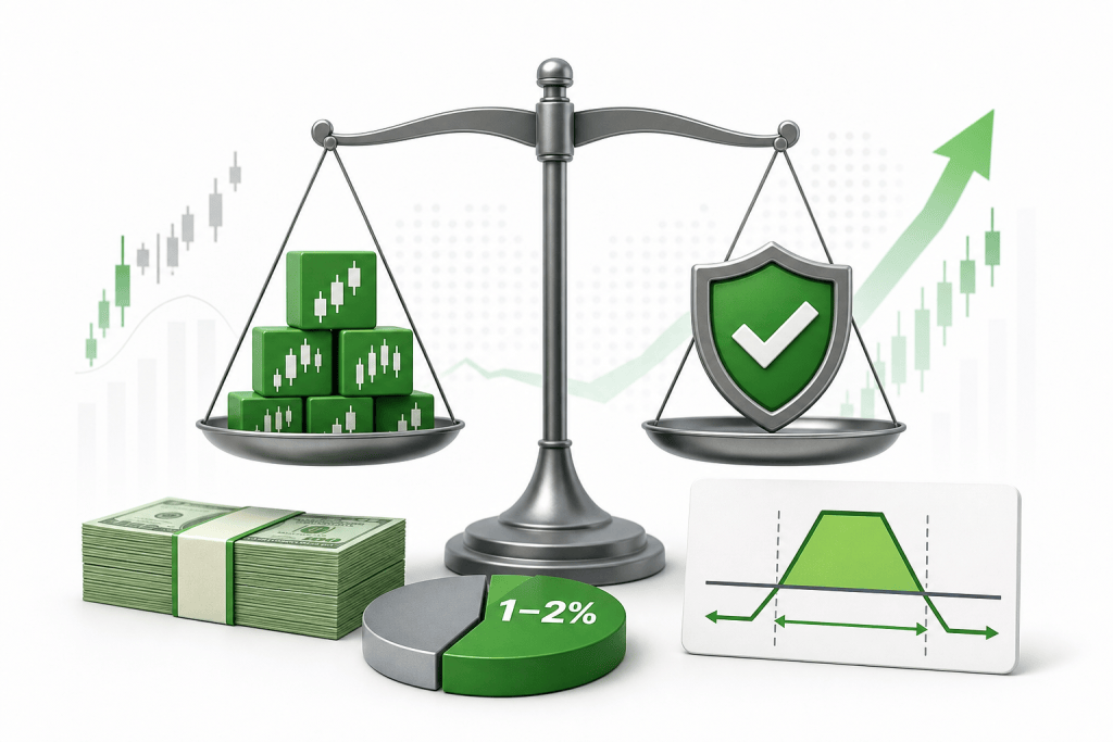 Balance-focused image showing a scale with investment blocks on one side and a green shield with a check on the other, symbolizing risk vs. security in finance, with money and rising charts in the background.