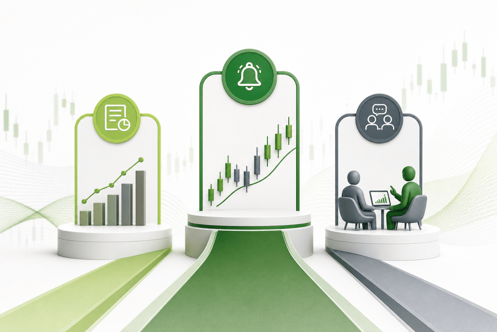 Three display podiums show analytics, alerts, and collaboration on a white stage with a stock-chart backdrop in green and gray tones.