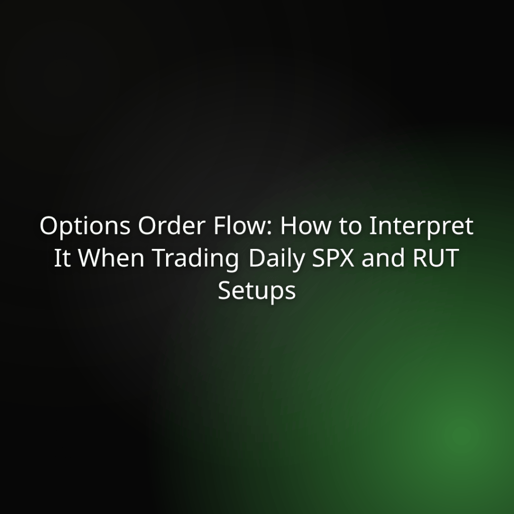Presentation slide title: Options Order Flow: How to Interpret It When Trading Daily SPX and RUT Setups on a dark gradient background.