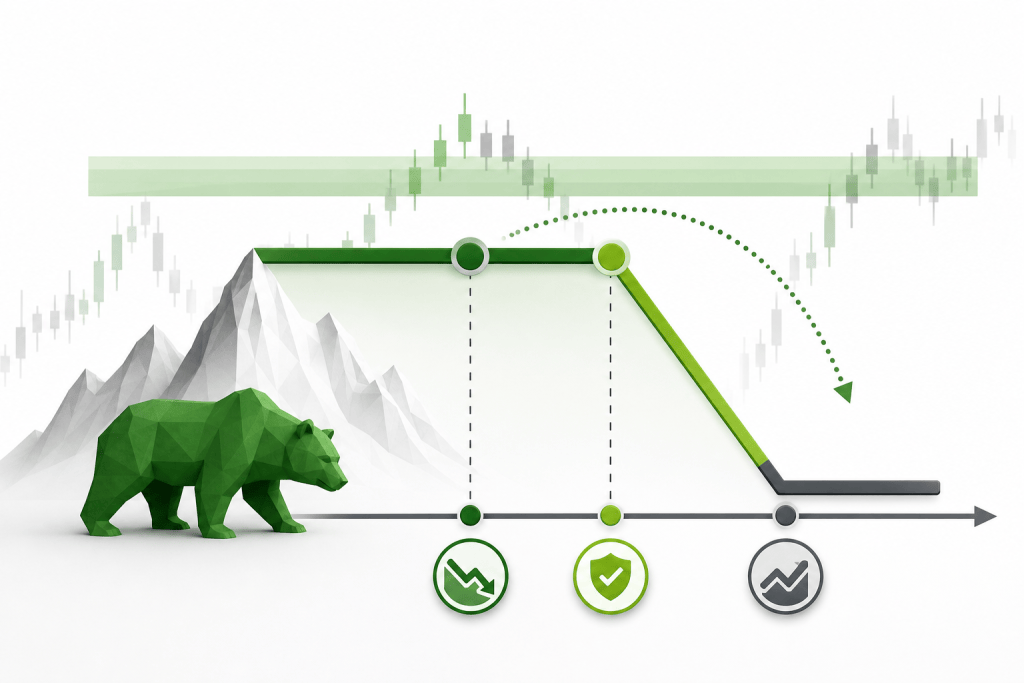 Abstract bear market infographic: a green polygon bear beside mountains and a downward price line reaching support levels with dotted ascent path suggesting reversal.