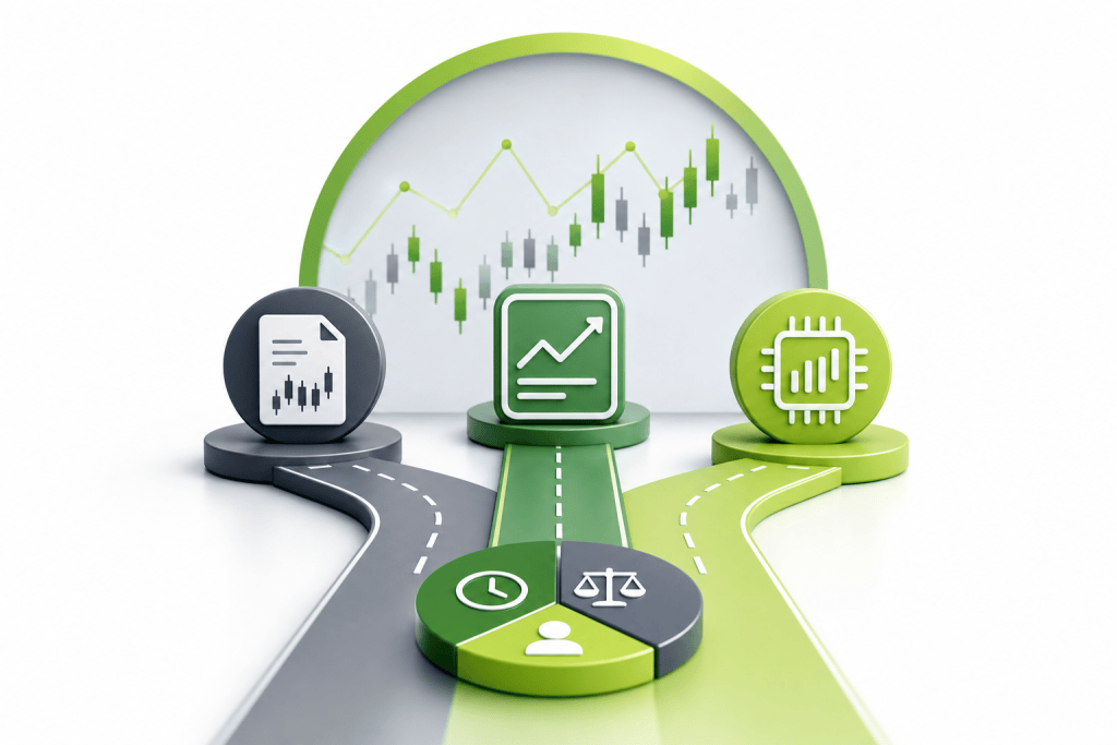 A three-way road leads to green financial icons: chart, data report, and chip symbol, symbolizing investment decisions with a rising trend in the background.