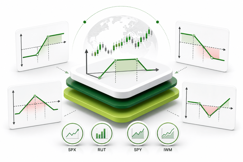 Infographic showing layered platform with stock charts and a globe, plus four round icons labeled SPX, RUT, SPY, IWM indicating indexes or assets.