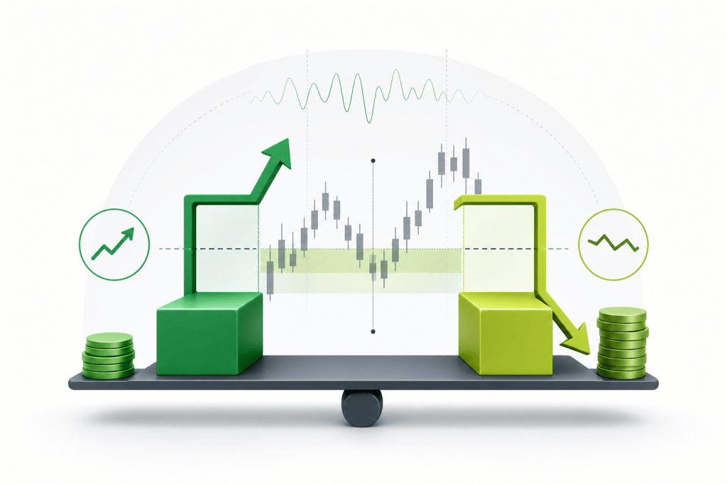 Infographic of a balance scale with a rising green arrow on the left and a falling arrow on the right, over a stock chart backdrop