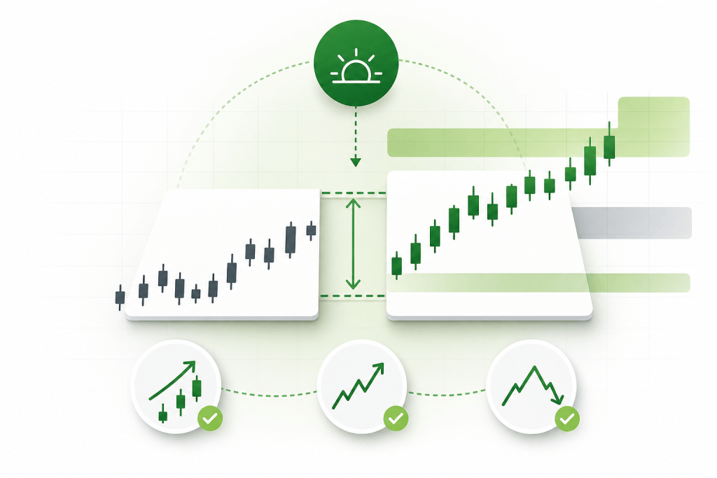 Bullish stock-trend infographic with candlestick charts, green upward arrows, and green check badges.