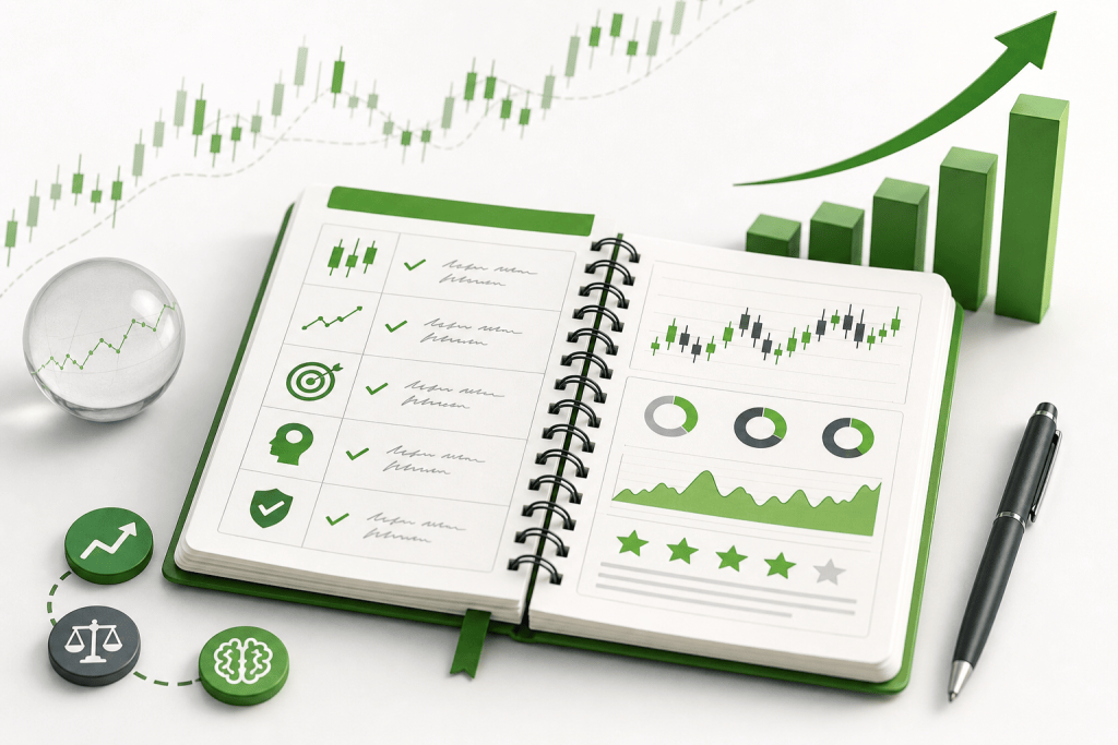 Open spiral notebook with green charts, checkmarks, and graphs for business planning.