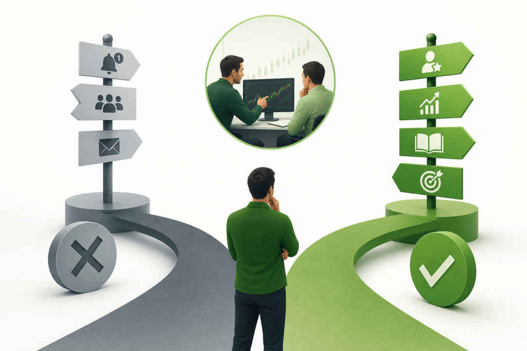 Man stands at a fork: gray left path with warning icons and an X, or green right path with growth icons and a check, signaling a choice between negative and positive outcomes.