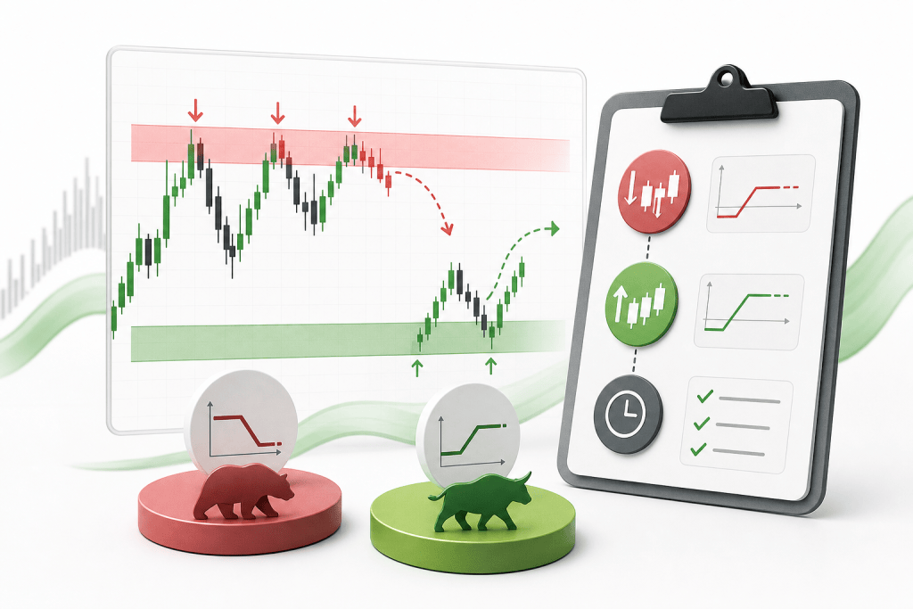 Stock chart with red resistance band and green support area, bull and bear tokens on colored bases beside a clipboard.