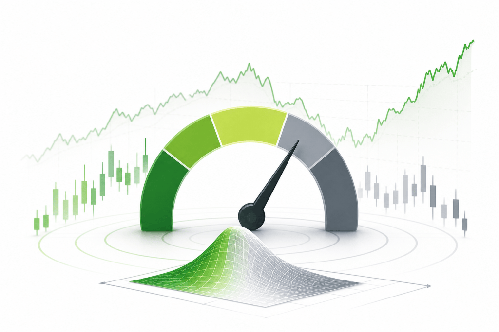 Performance gauge showing rising trend with stock charts in the background, indicating market momentum.