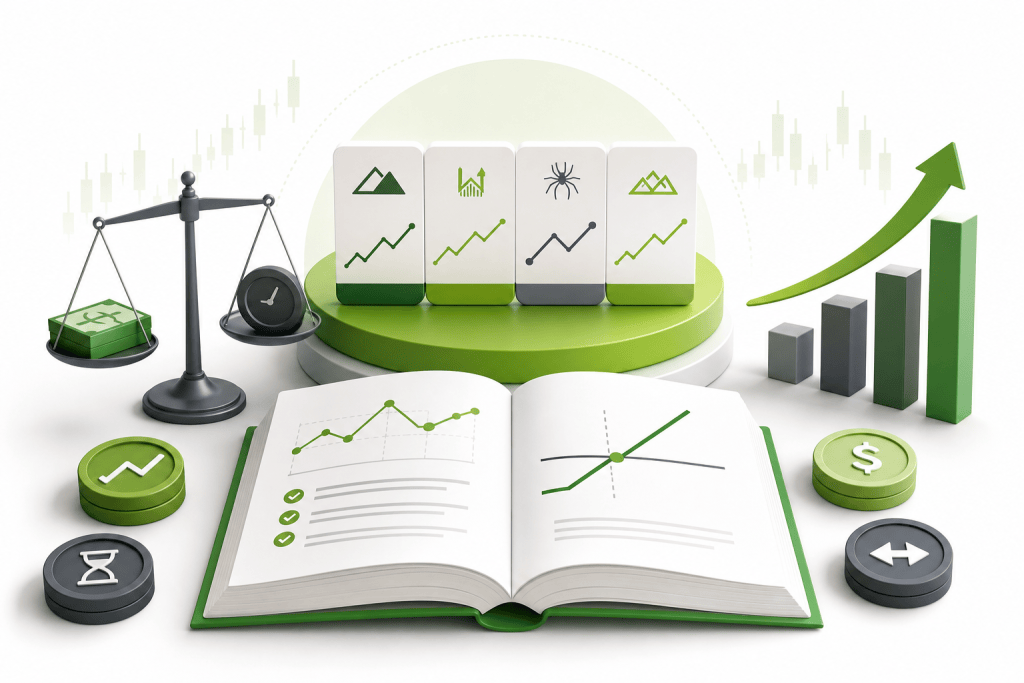 Finance infographic with an open book of charts, a green rising arrow, and market icons on blocks atop a green pedestal, symbolizing growth and analysis
